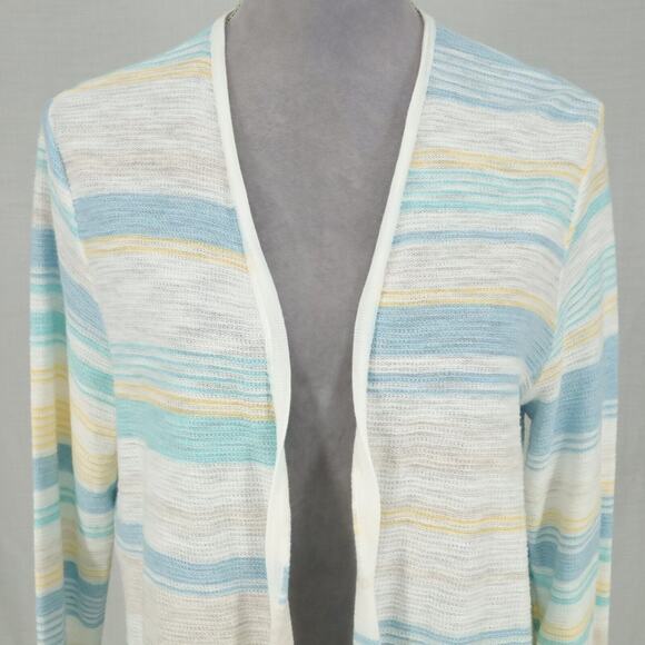 J Jill Sweater Petites MP PM White Blue Stripe Cardigan Cotton Open Front New - Picture 8 of 16